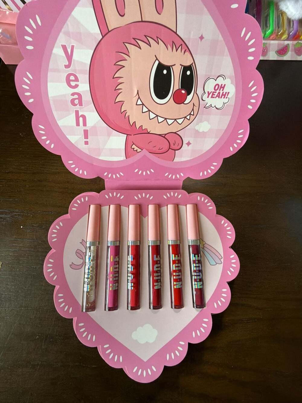 Labubu Themed Lip Gloss Set 6-Piece Pink Gift Box